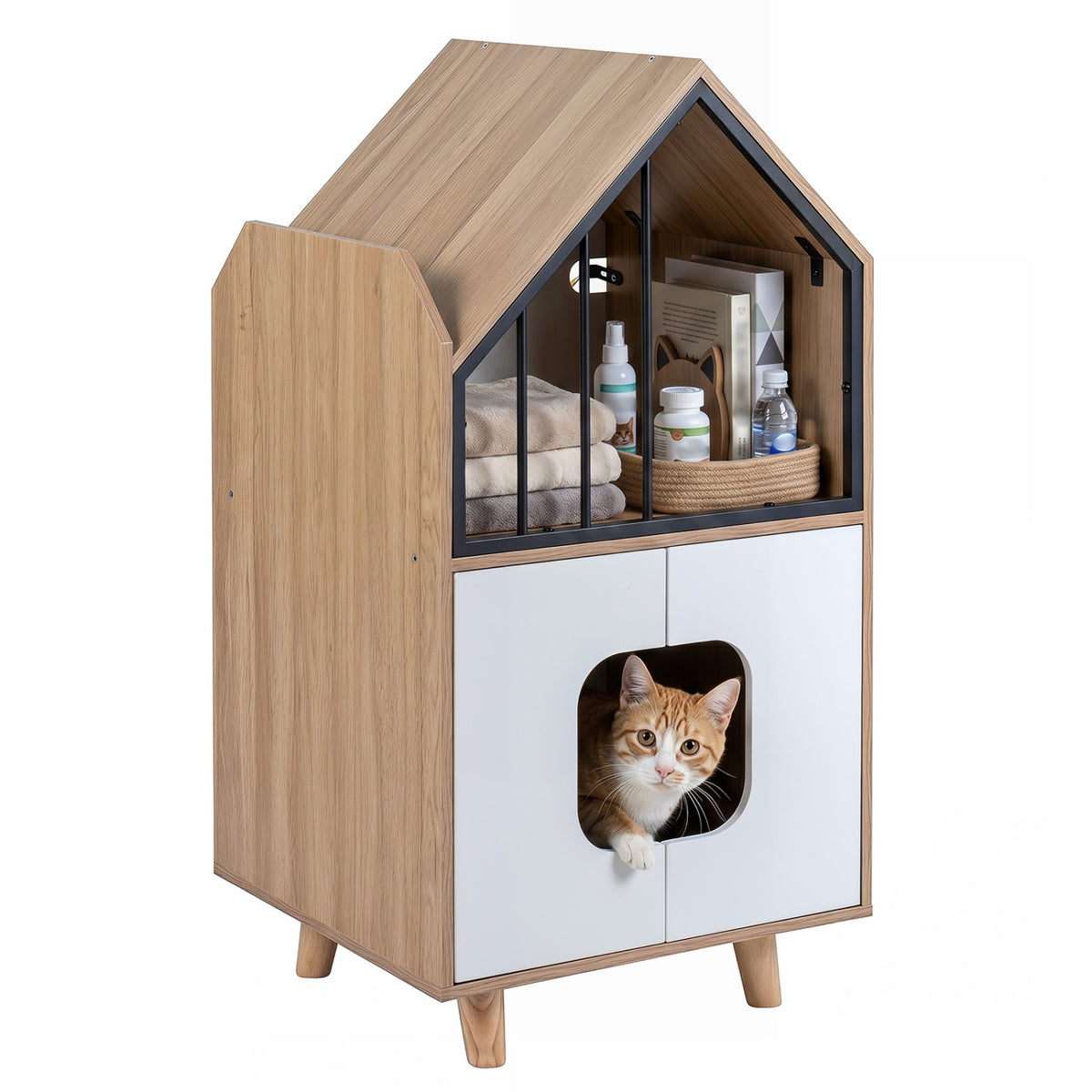 Cat Litter Box Enclosure with Shelf and 2 Doors Wooden House-Shaped