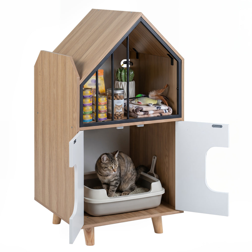 Cat Litter Box Enclosure with Shelf and 2 Doors Wooden House-Shaped - view 4