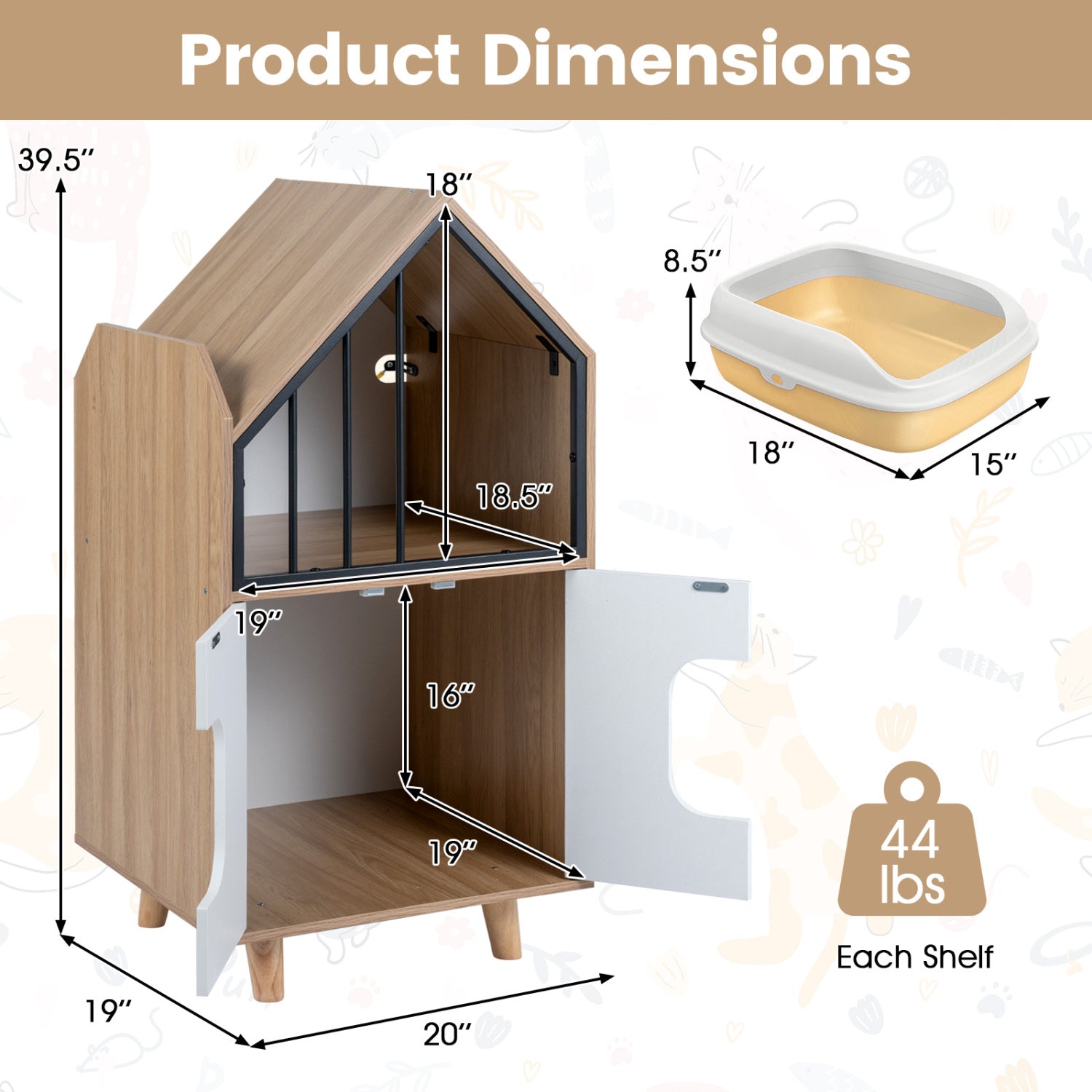 Cat Litter Box Enclosure with Shelf and 2 Doors Wooden House-Shaped - view 5