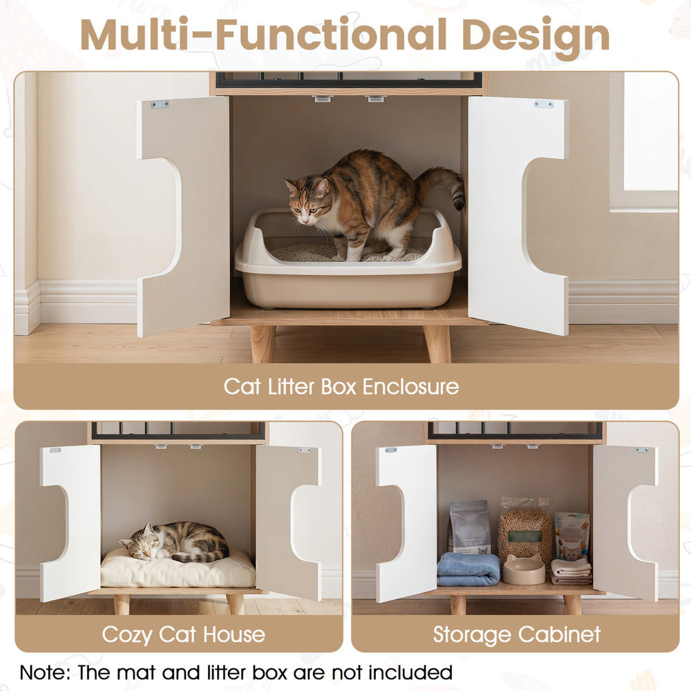 Cat Litter Box Enclosure with Shelf and 2 Doors Wooden House-Shaped - view 6