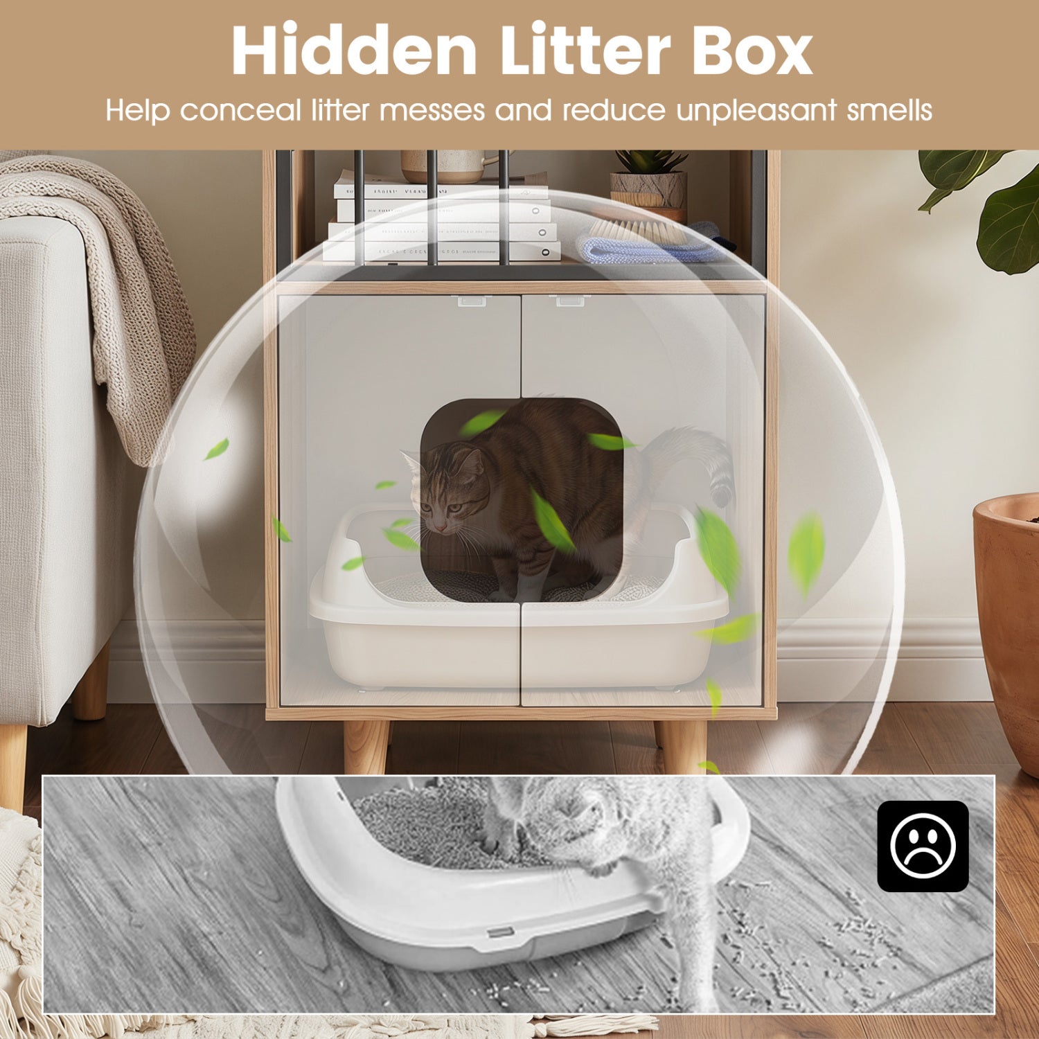 Cat Litter Box Enclosure with Shelf and 2 Doors Wooden House-Shaped - view 7