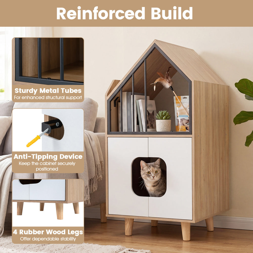 Cat Litter Box Enclosure with Shelf and 2 Doors Wooden House-Shaped - view 8