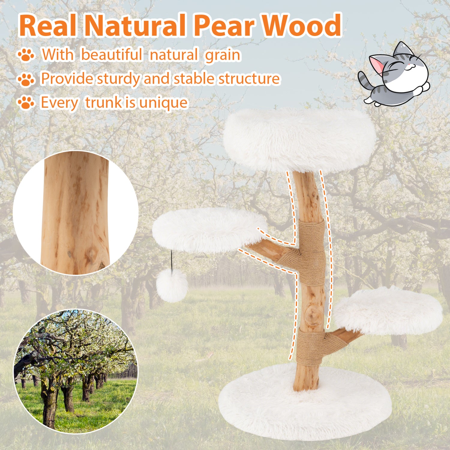 Cat Tree Solid Pear Wood with Perch and Natural Jute Scratching Posts - view 6