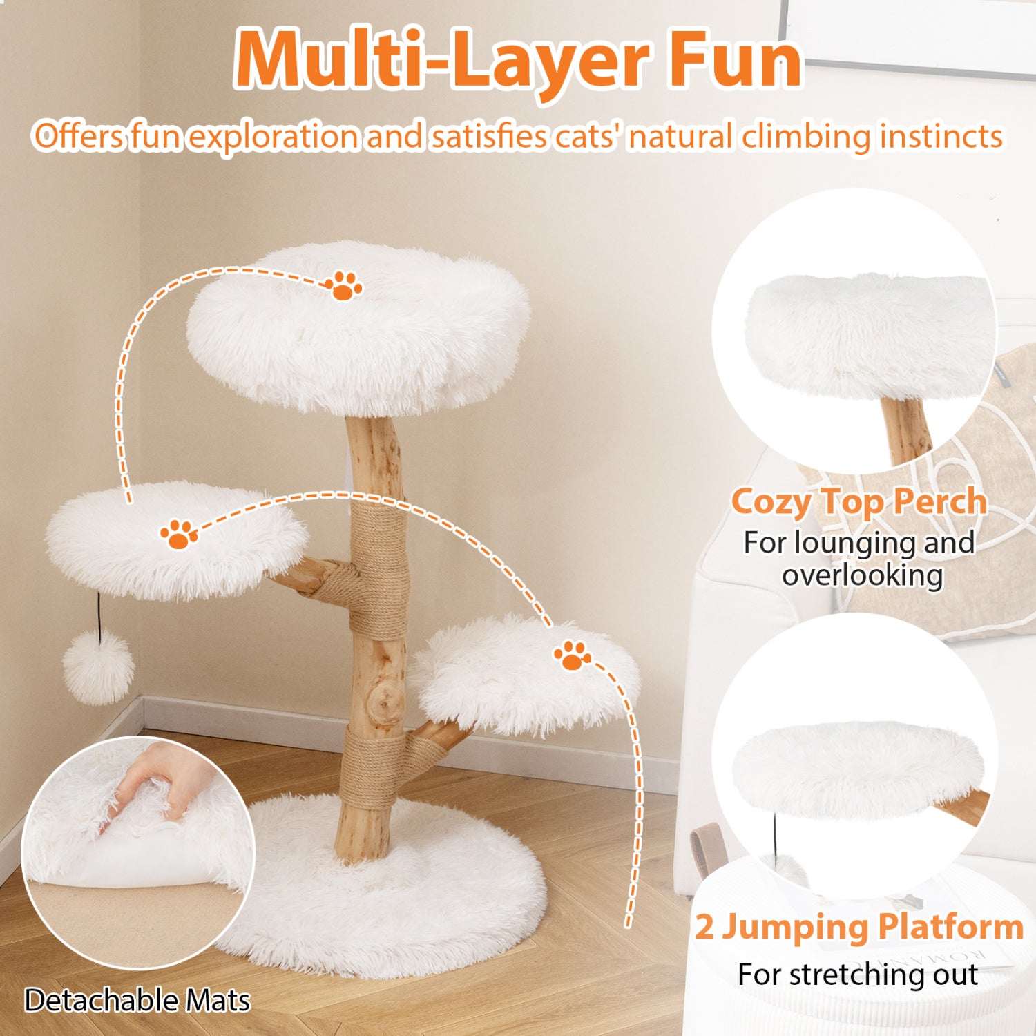 Cat Tree Solid Pear Wood with Perch and Natural Jute Scratching Posts - view 7