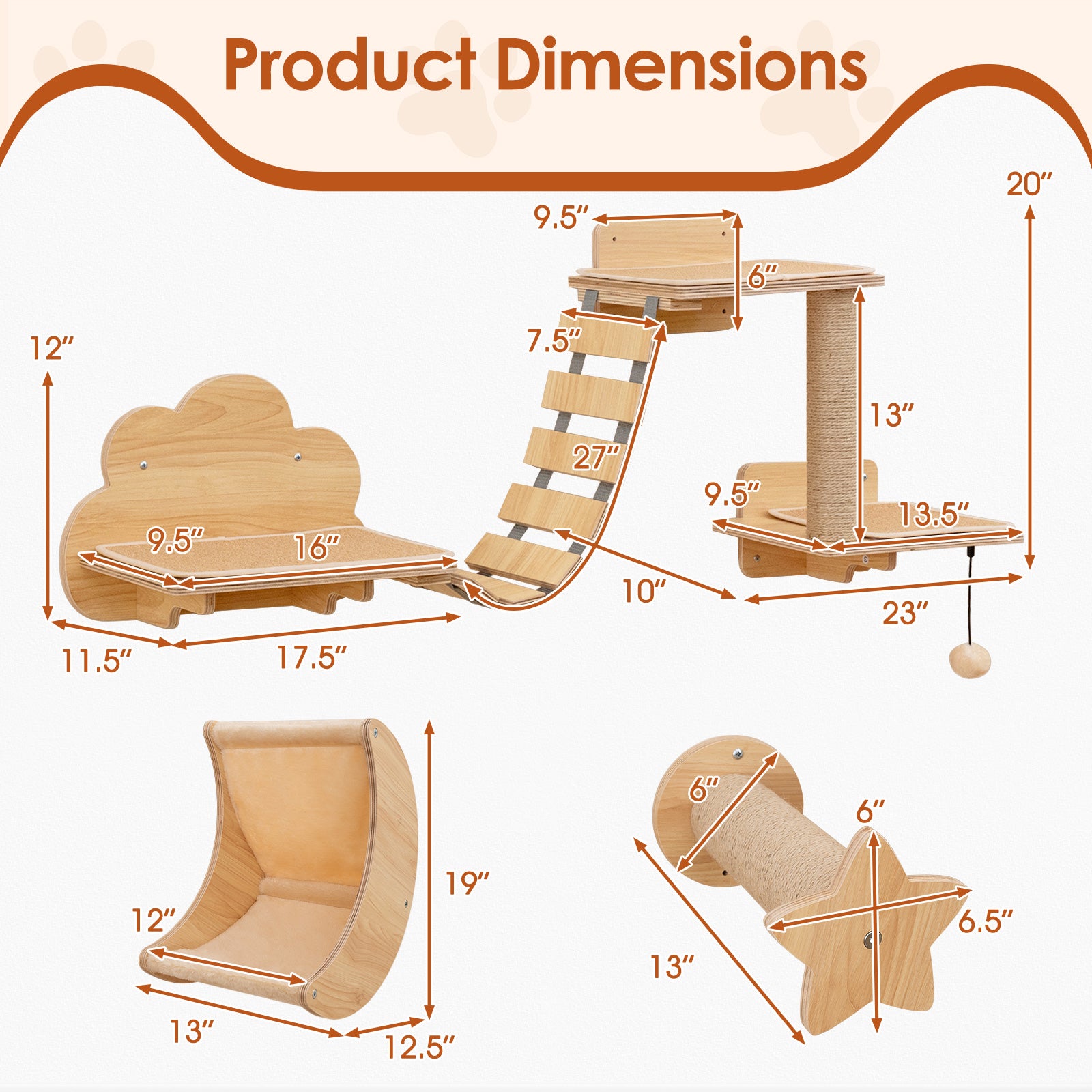 Cat Wall Furniture Set Kitten Wall Mounted Shelves with Hammock Cat Tree - view 3