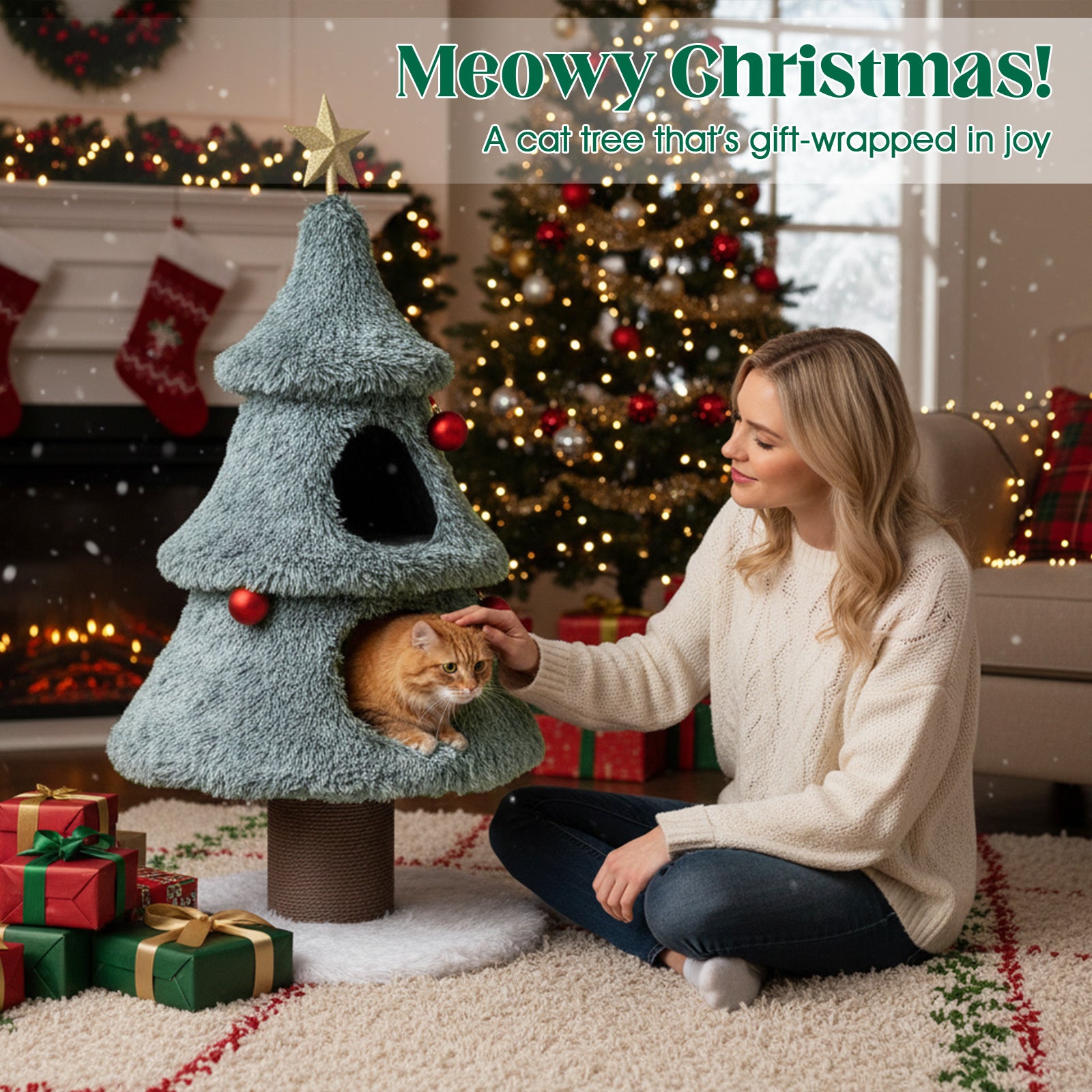 Christmas Cat Tree for Indoor Cats 48.5 inch Cute Cat Tower with 2 Large Condos - view 3