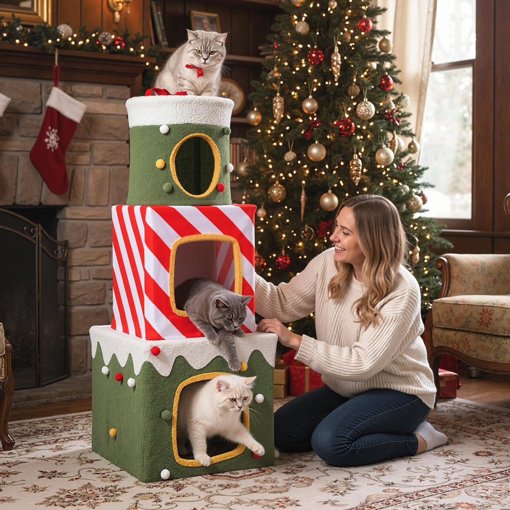 Christmas Cat Tree for Indoor Cats 47" Cute Cat Climbing Furniture with 3 Condos - view 3