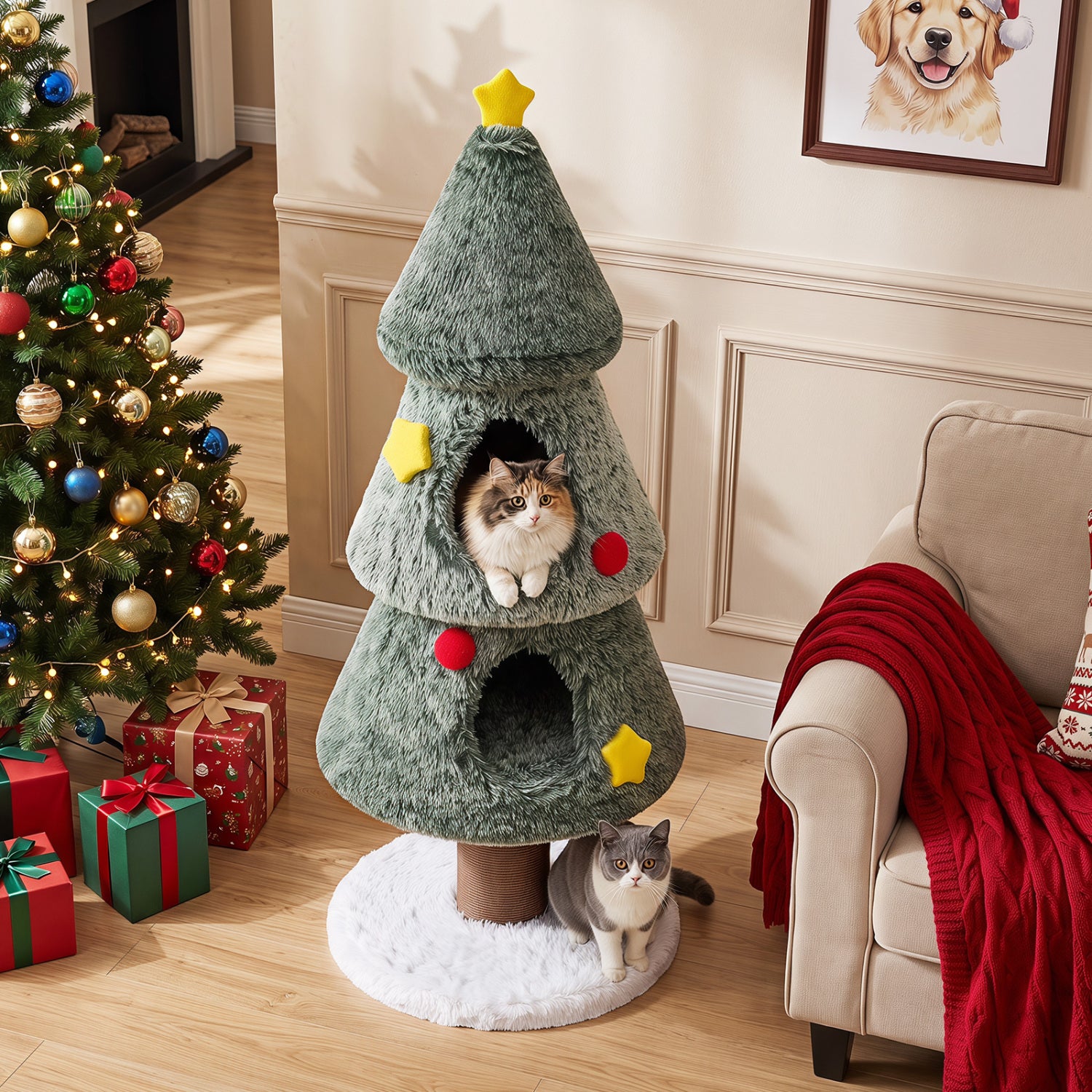 Christmas Cat Tree with 2 Condos Scratching Post and Decorative Stars - view 3
