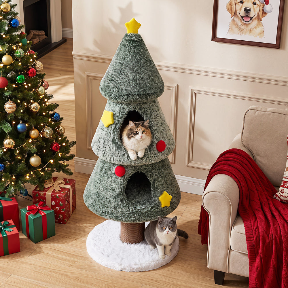 Christmas Cat Tree with 2 Condos Scratching Post and Decorative Stars - view 3
