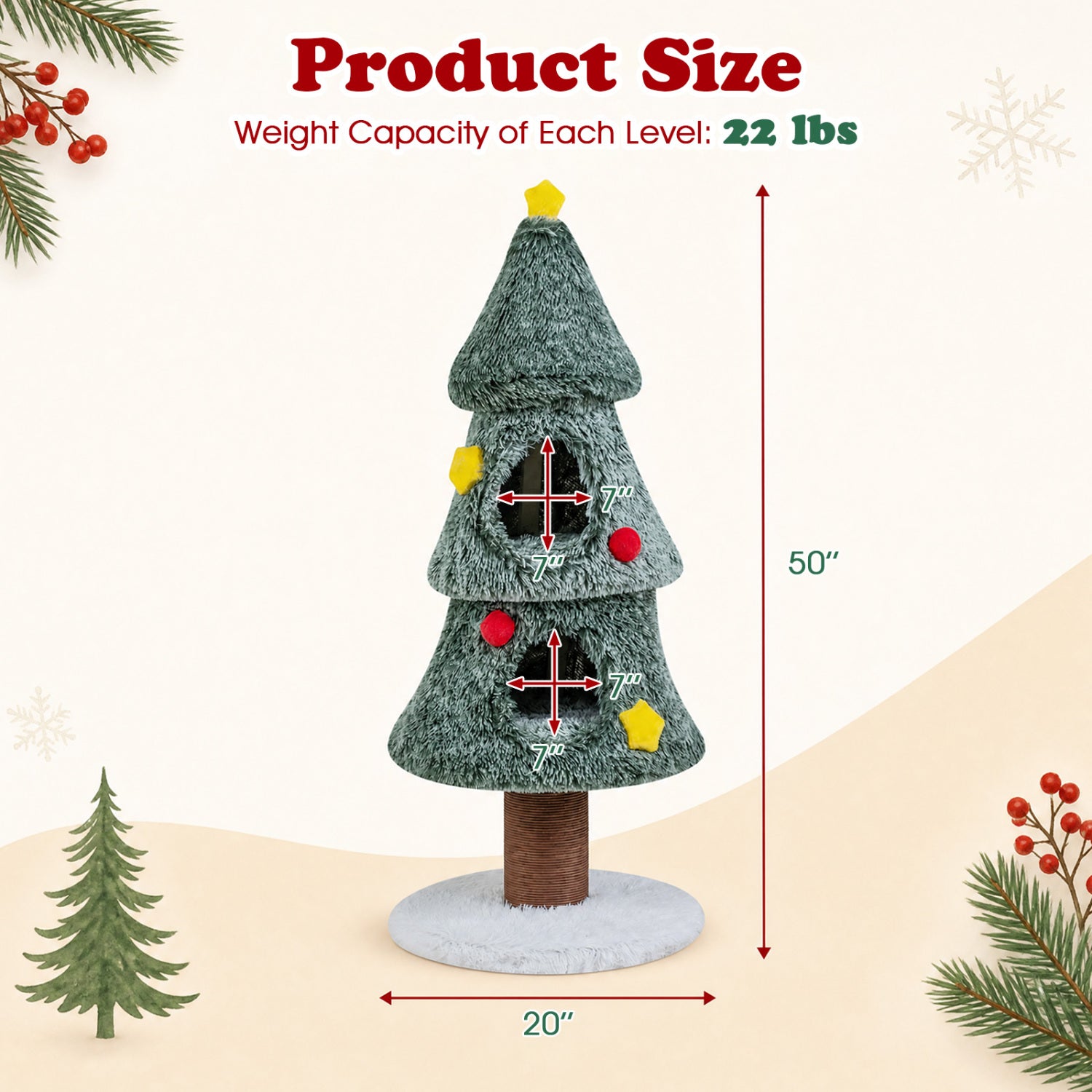 Christmas Cat Tree with 2 Condos Scratching Post and Decorative Stars - view 5