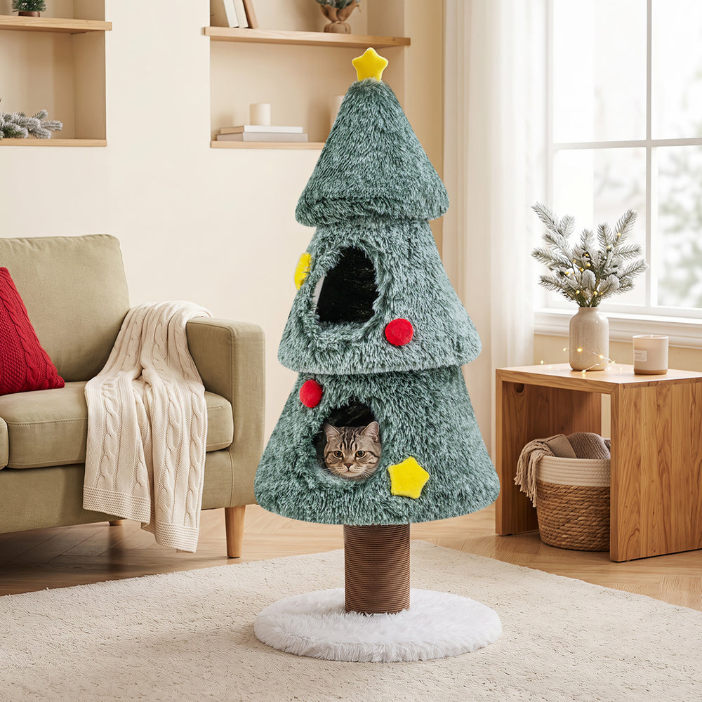 Christmas Cat Tree with 2 Condos Scratching Post and Decorative Stars - view 6