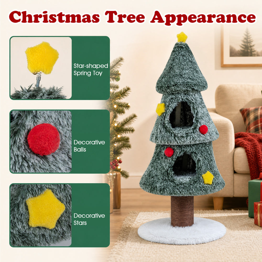 Christmas Cat Tree with 2 Condos Scratching Post and Decorative Stars - view 7
