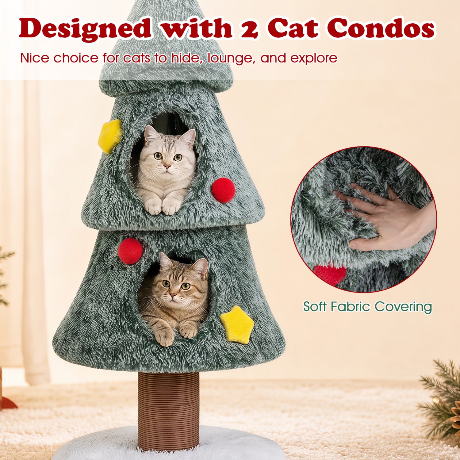 Christmas Cat Tree with 2 Condos Scratching Post and Decorative Stars - view 8