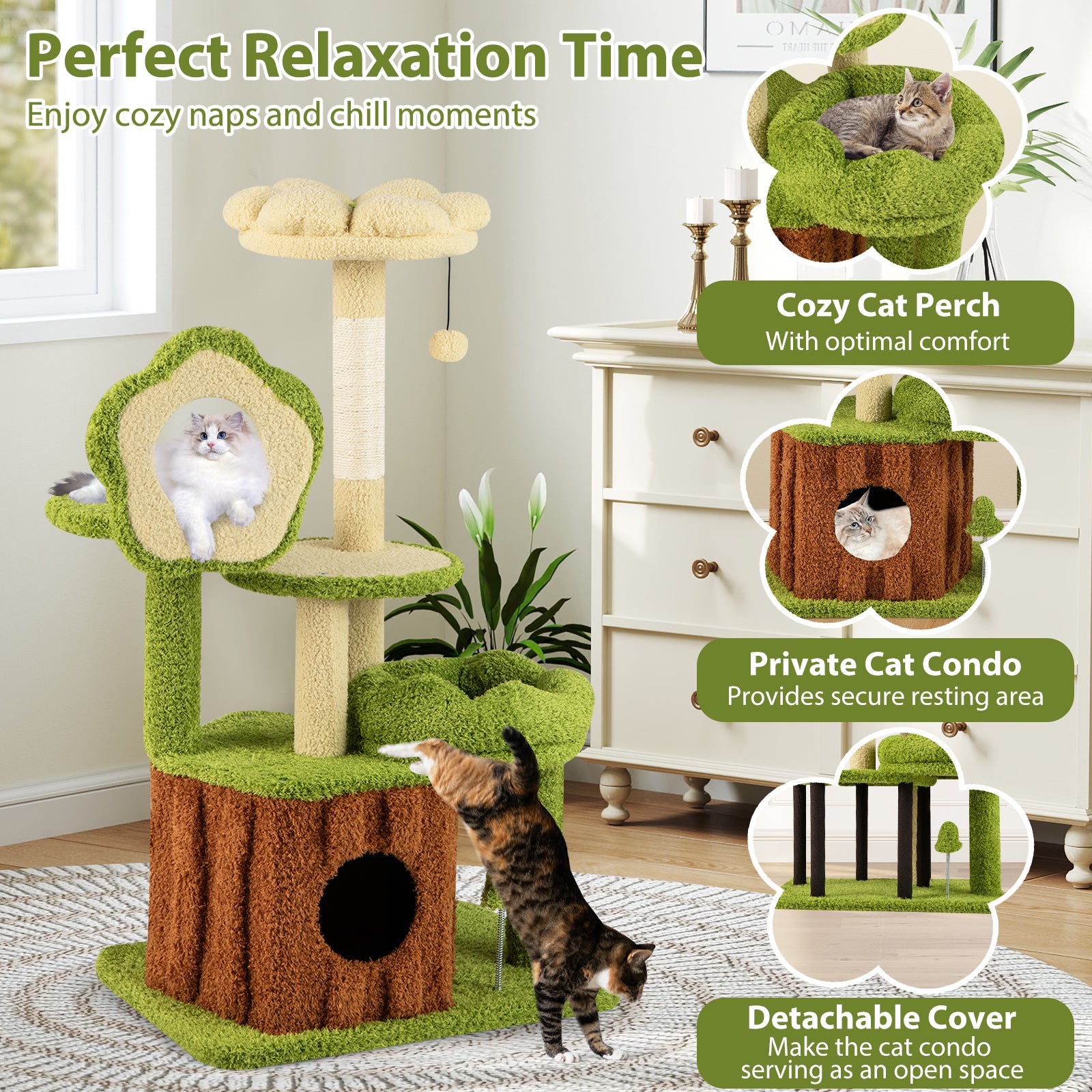 Cute Cat Tree for Adult Cats Multi-level Kitty Tower with Trunk Condo - view 6