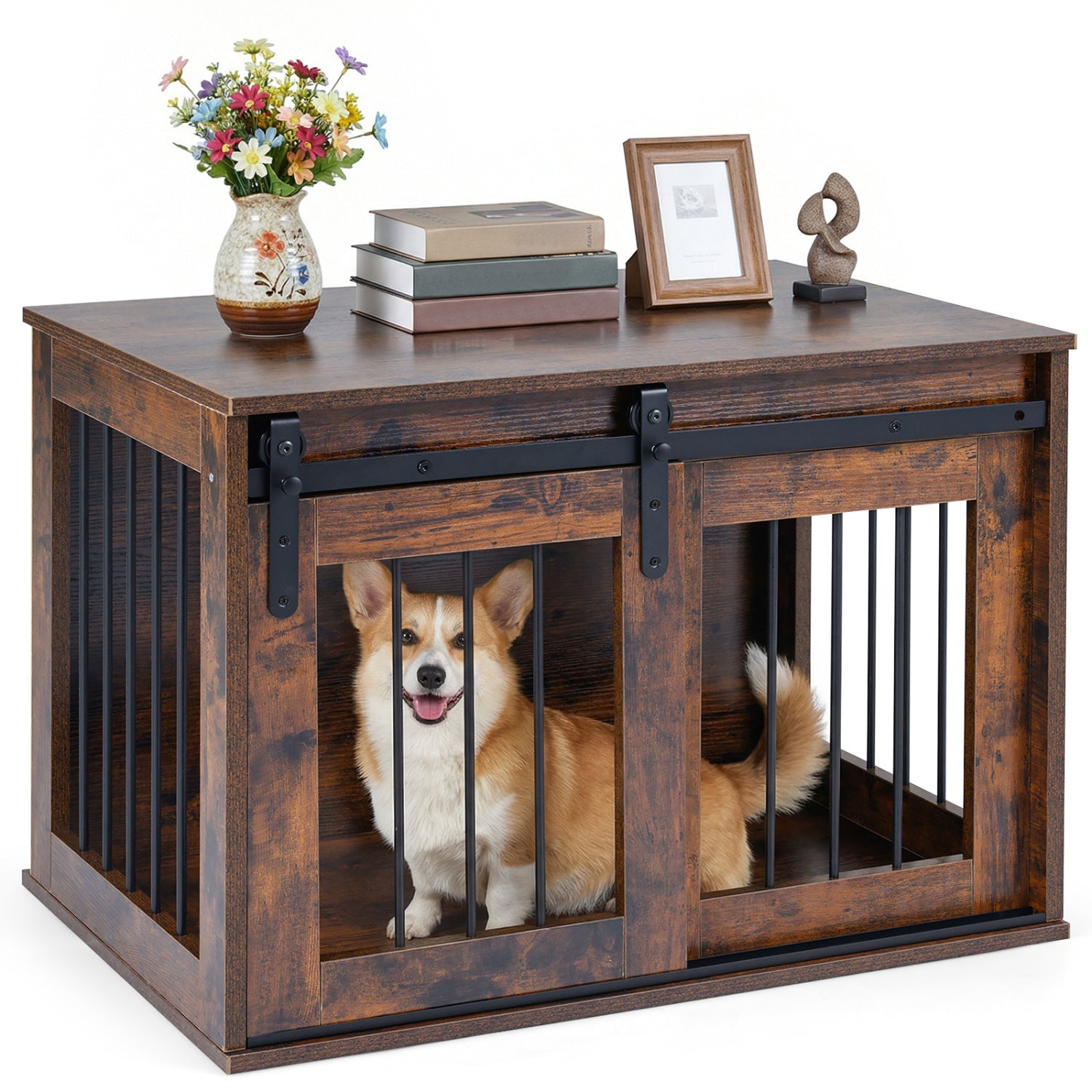 Dog Crate Furniture Heavy Duty Dog Kennel with Sliding Barn Door-RusticBrown - view 4