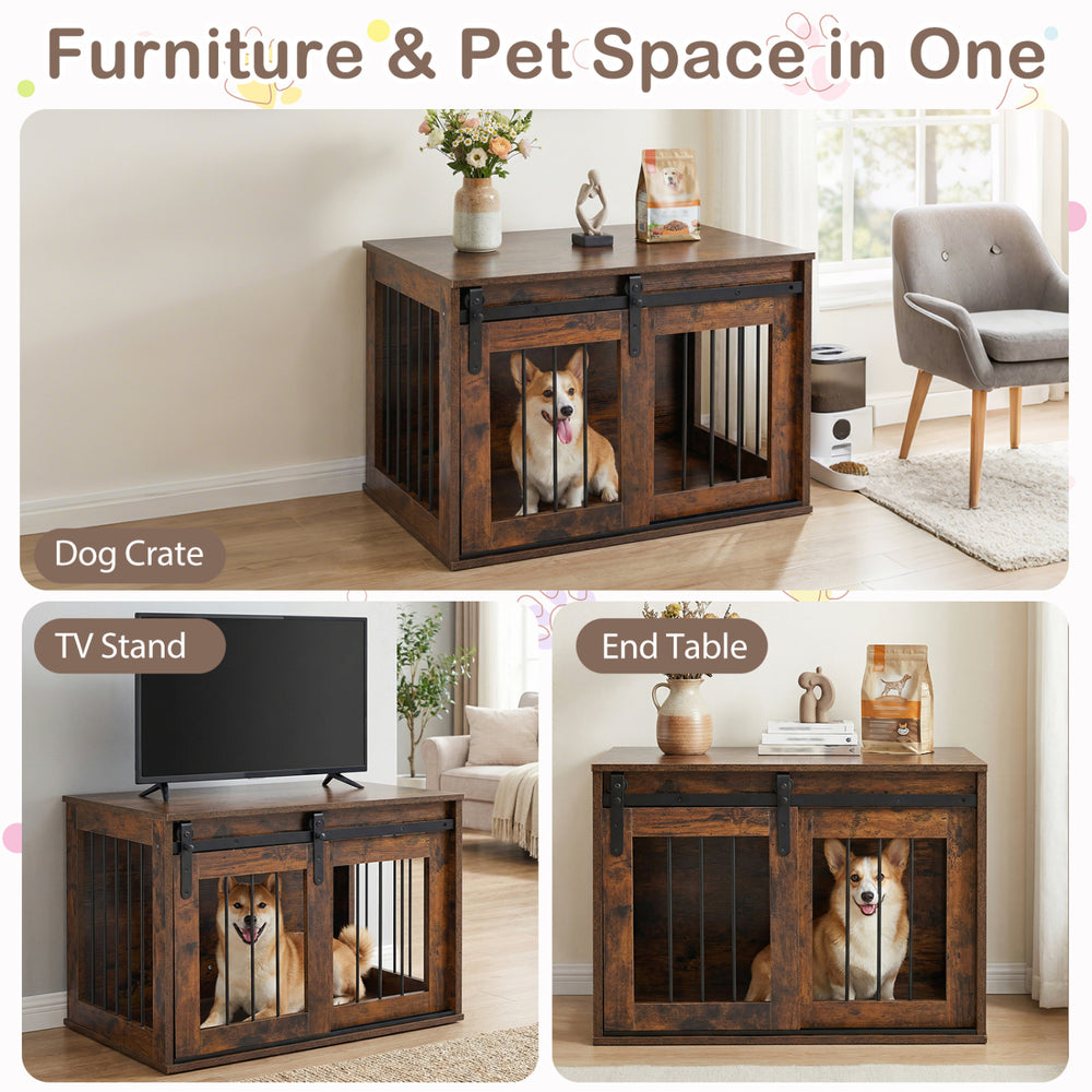 Dog Crate Furniture Heavy Duty Dog Kennel with Sliding Barn Door-RusticBrown - view 6
