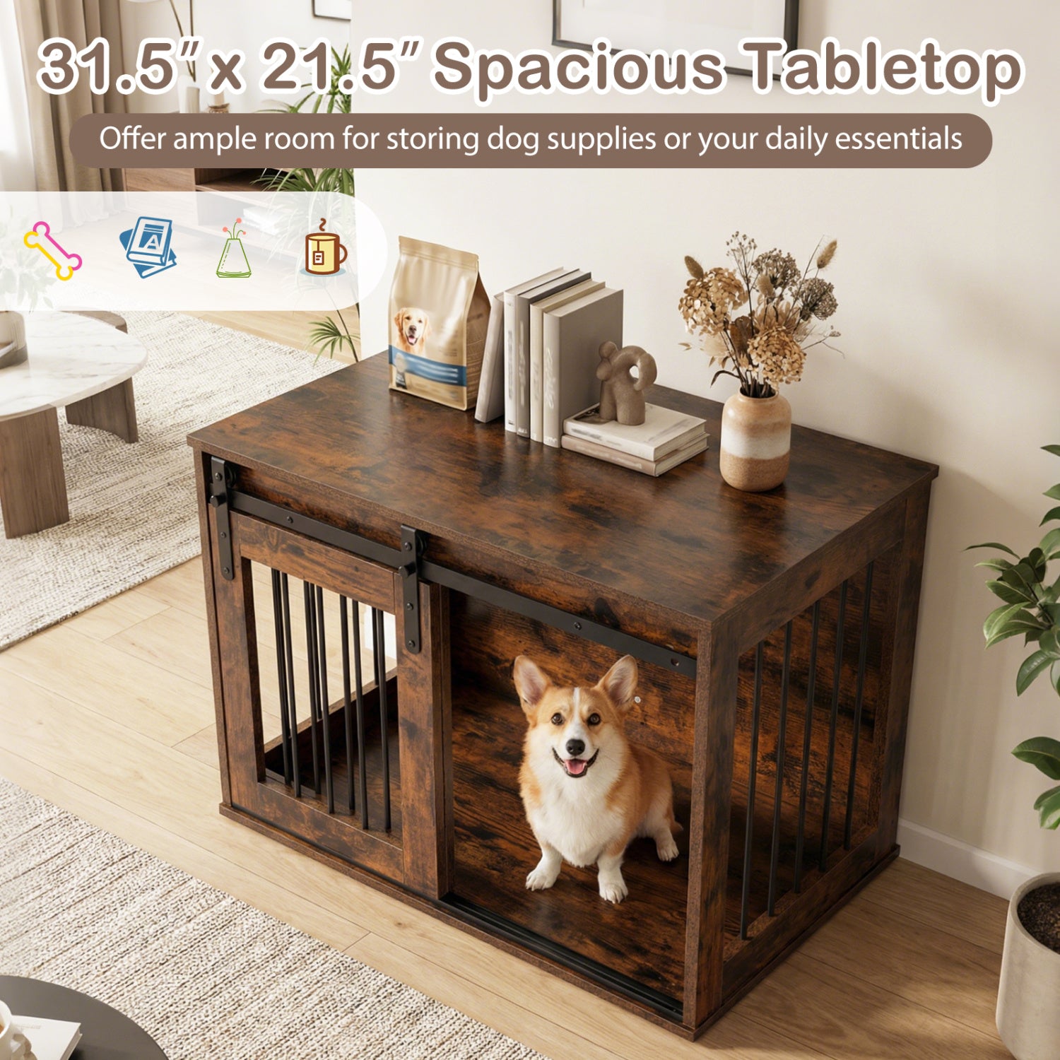 Dog Crate Furniture Heavy Duty Dog Kennel with Sliding Barn Door-RusticBrown - view 7