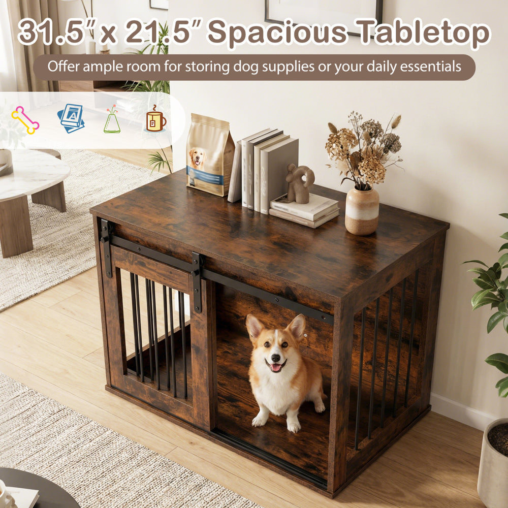 Dog Crate Furniture Heavy Duty Dog Kennel with Sliding Barn Door-RusticBrown - view 7