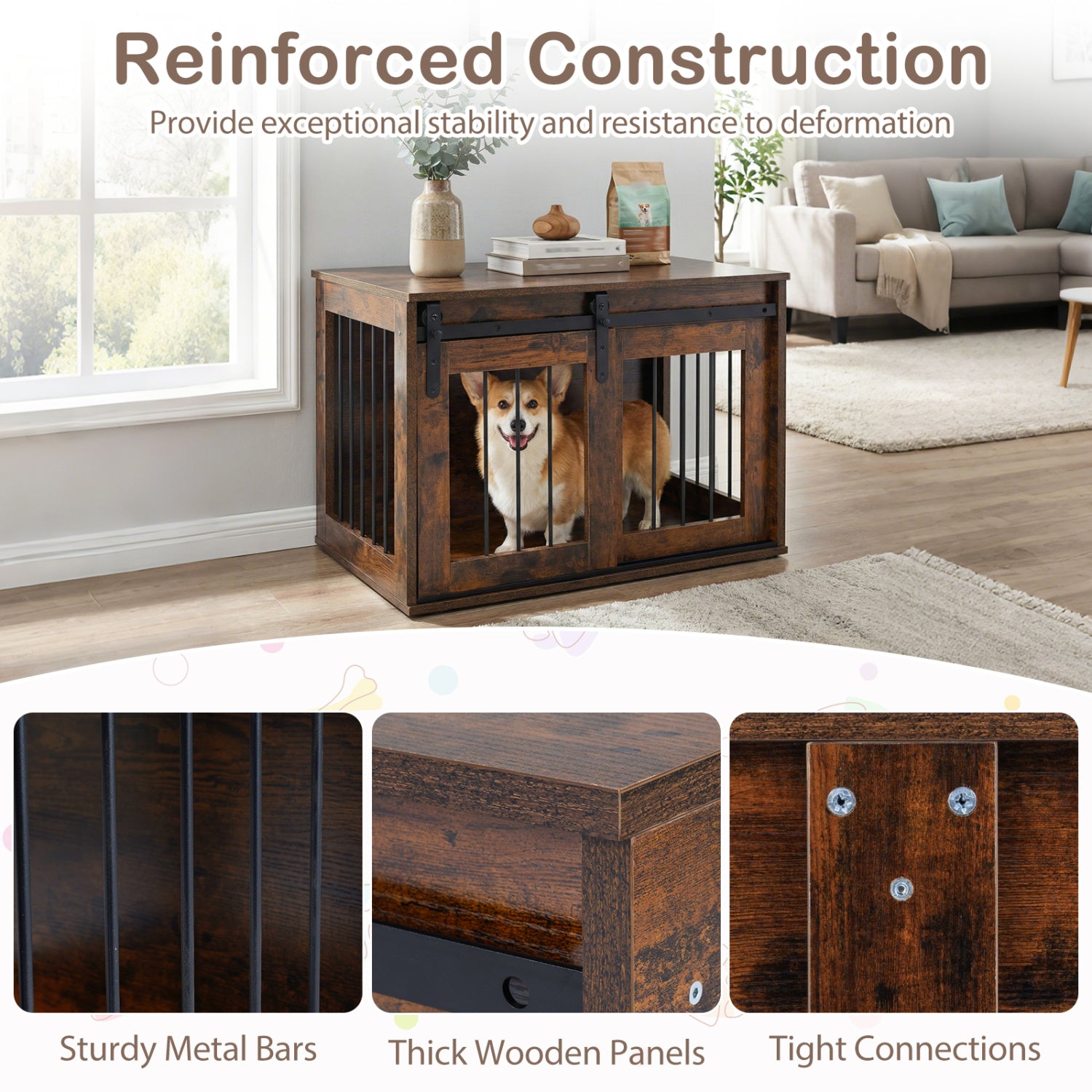 Dog Crate Furniture Heavy Duty Dog Kennel with Sliding Barn Door-RusticBrown - view 8