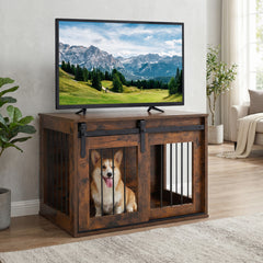 Dog Crate Furniture Heavy Duty Dog Kennel with Sliding Barn Door-RusticBrown - view 3