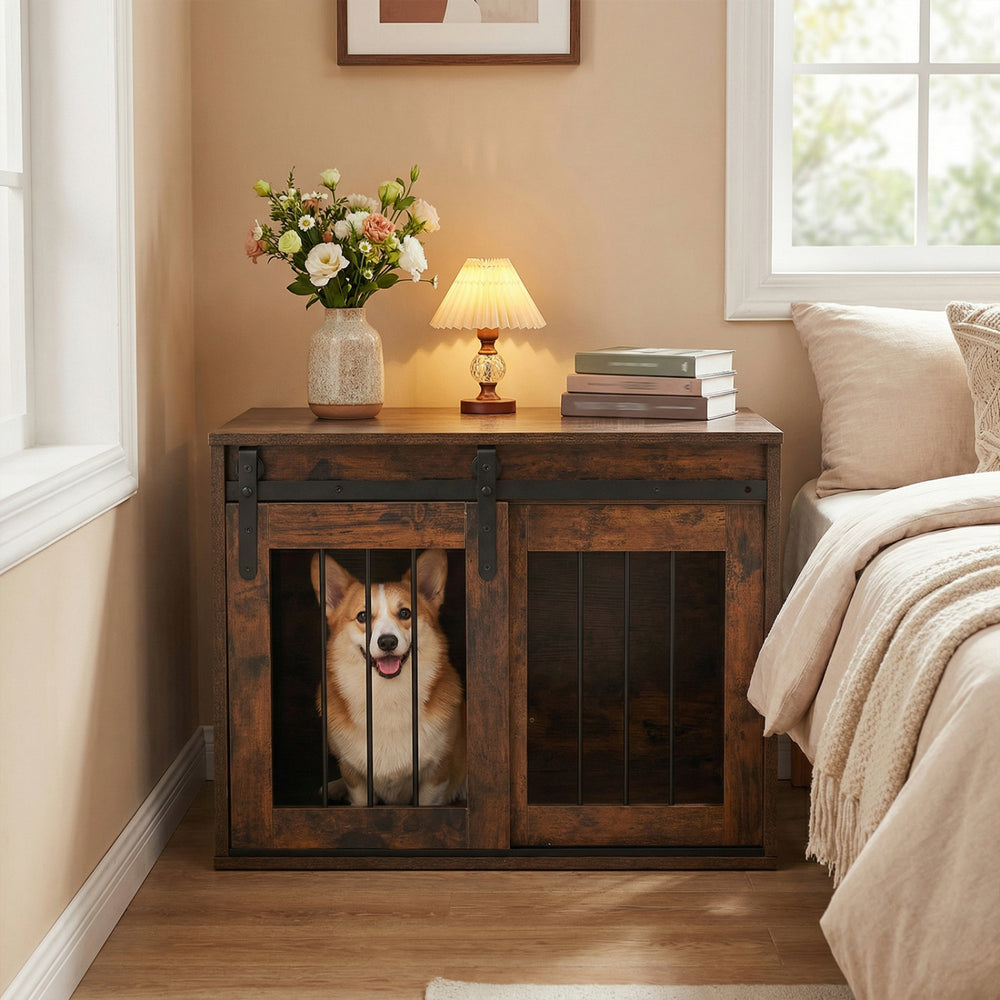 Dog Crate Furniture Heavy Duty Dog Kennel with Sliding Barn Door-RusticBrown - view 2