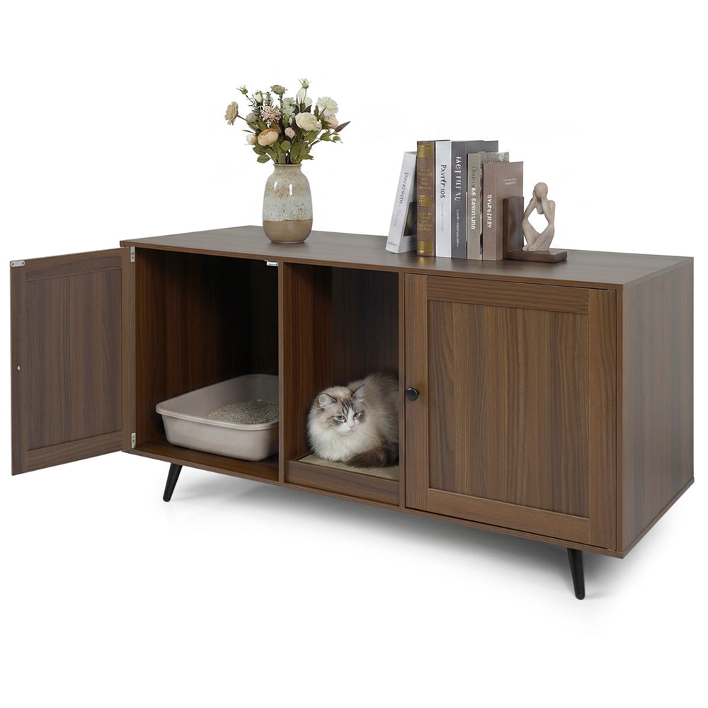 Double Cat Litter Box Enclosure for 2 Cats with Scratching Pad and Double Rooms