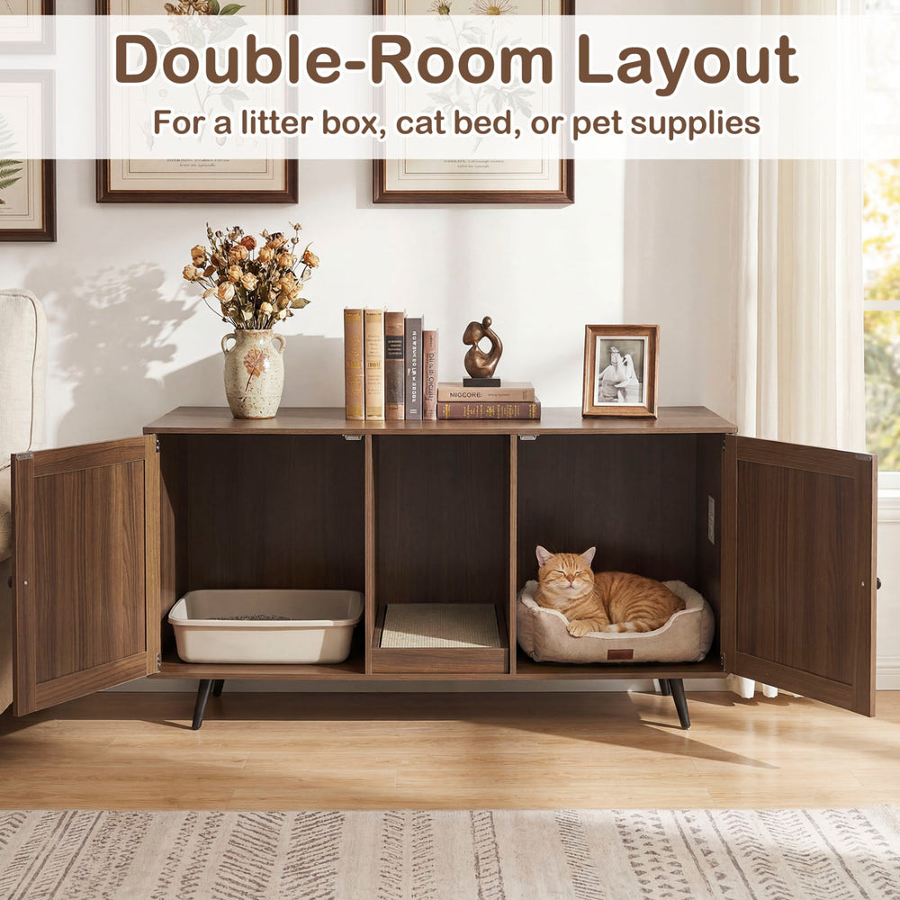 Double Cat Litter Box Enclosure for 2 Cats with Scratching Pad and Double Rooms - view 5
