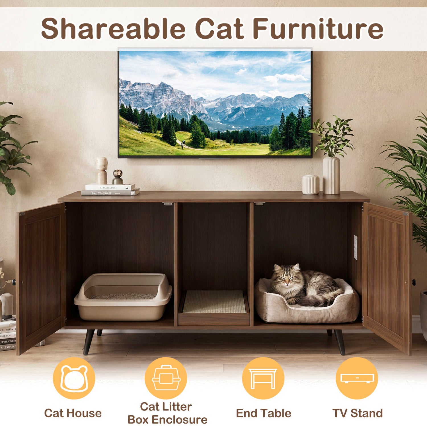 Double Cat Litter Box Enclosure for 2 Cats with Scratching Pad and Double Rooms - view 6