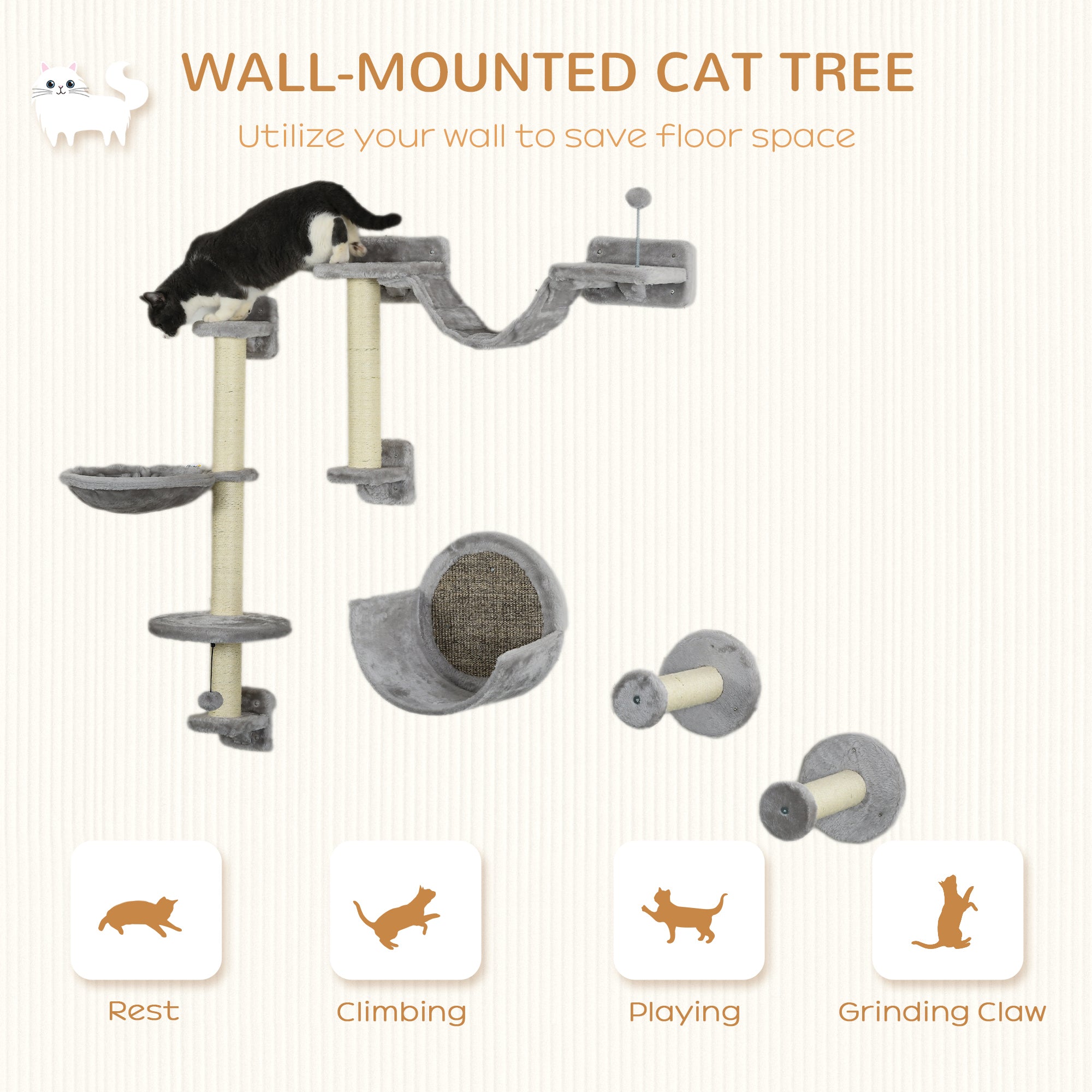 5PCs Cat Wall Shelves with Hammock, Scratching Posts, Perches, Ladder - view 3