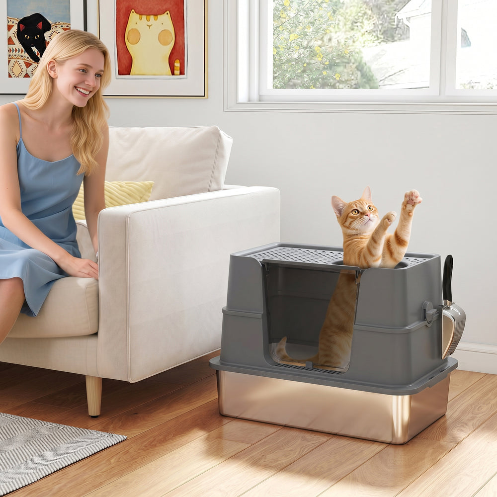 XL Stainless Steel Litter Box w/ 100 deg Flip Top, Scoop, Side Top Dual Entry - view 7