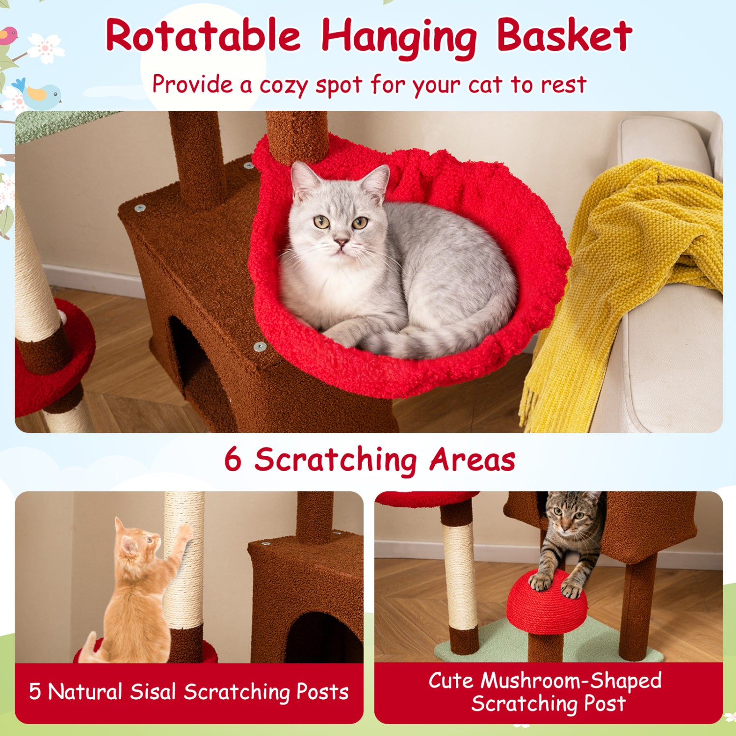 Floor to Ceiling Cat Tree Adjustable Mushroom Themed with Condo and Hammock - view 6