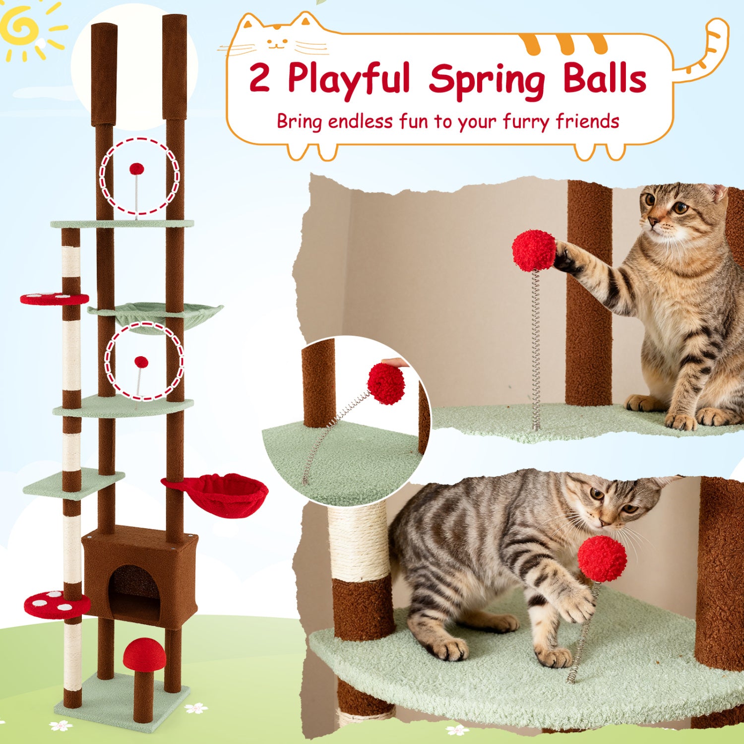 Floor to Ceiling Cat Tree Adjustable Mushroom Themed with Condo and Hammock - view 8