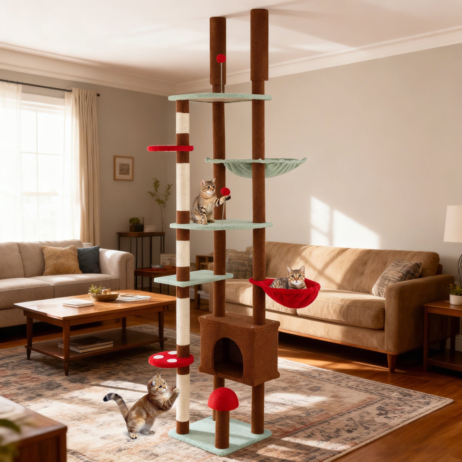 Floor to Ceiling Cat Tree Adjustable Mushroom Themed with Condo and Hammock - view 2