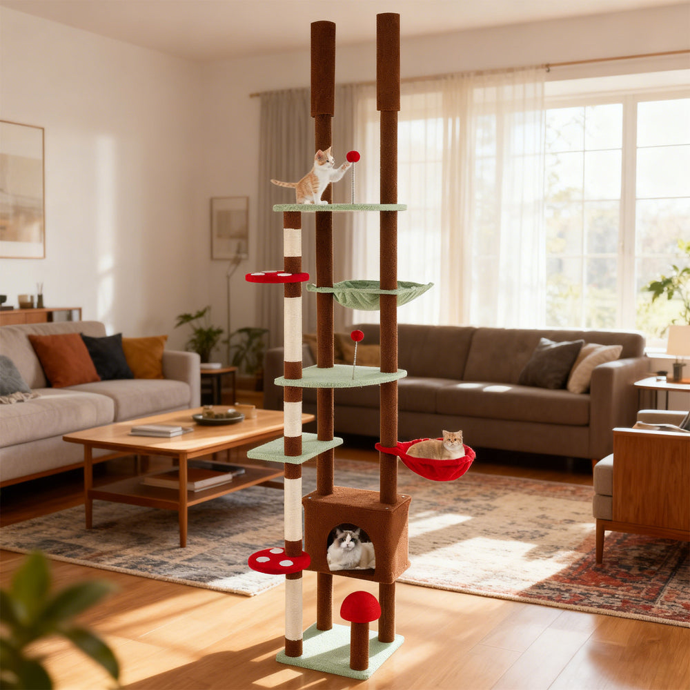 Floor to Ceiling Cat Tree Adjustable Mushroom Themed with Condo and Hammock - view 3