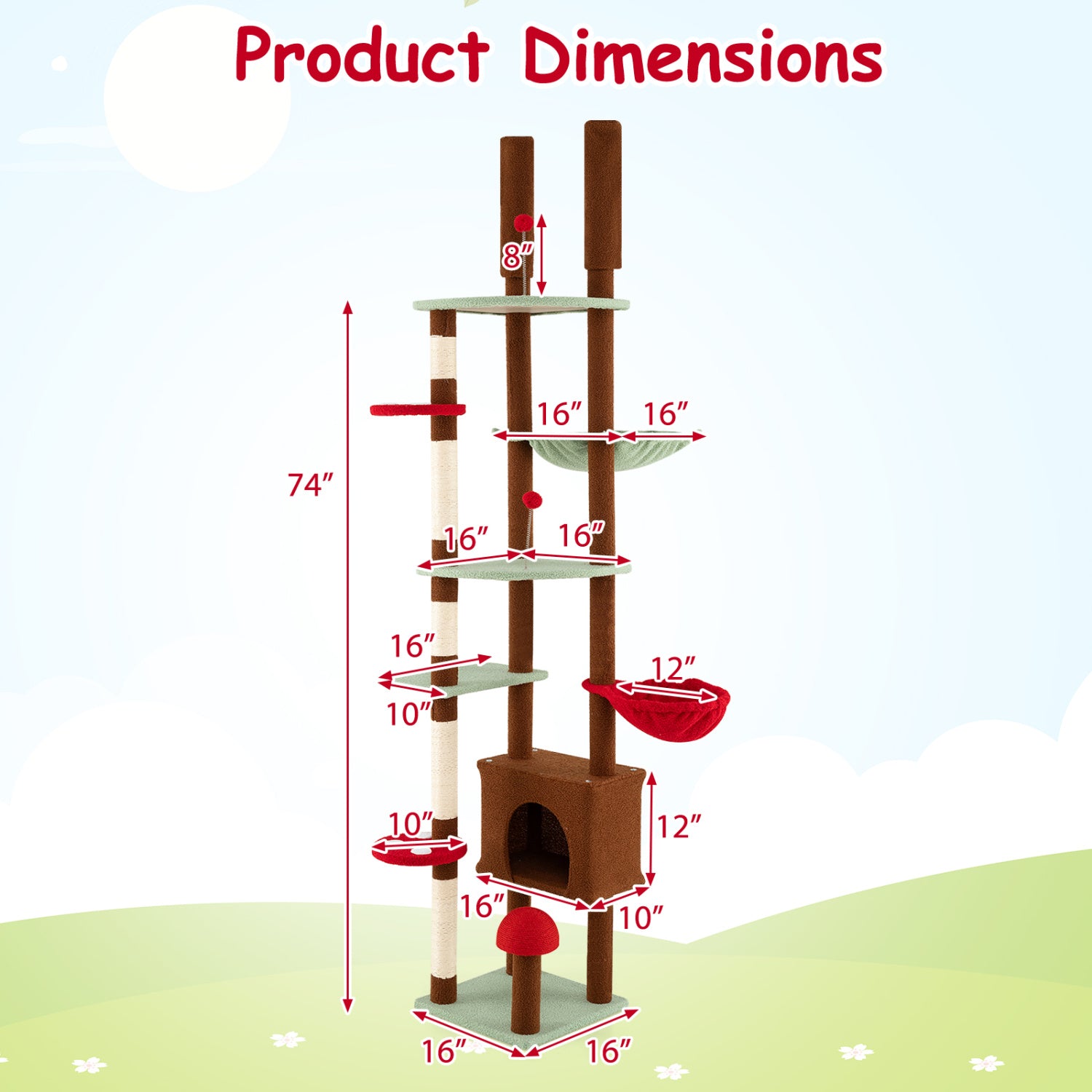 Floor to Ceiling Cat Tree Adjustable Mushroom Themed with Condo and Hammock - view 5
