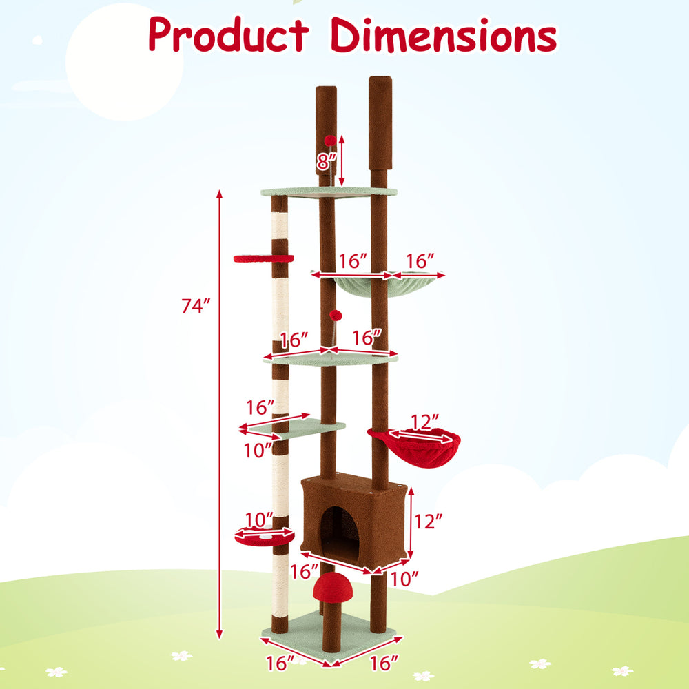 Floor to Ceiling Cat Tree Adjustable Mushroom Themed with Condo and Hammock - view 5