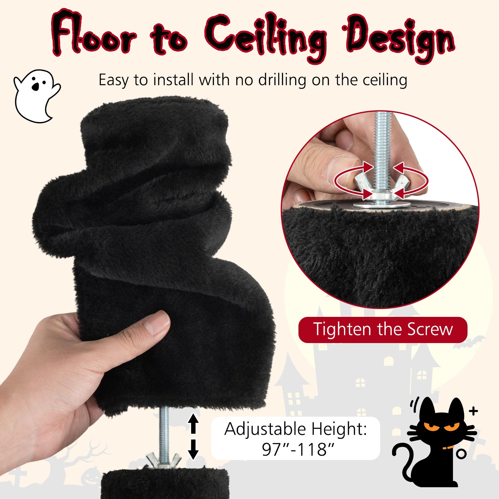 Floor to Ceiling Gothic Cat Tree 97-118 Inches Adjustable 5-Tier with Condo - view 5
