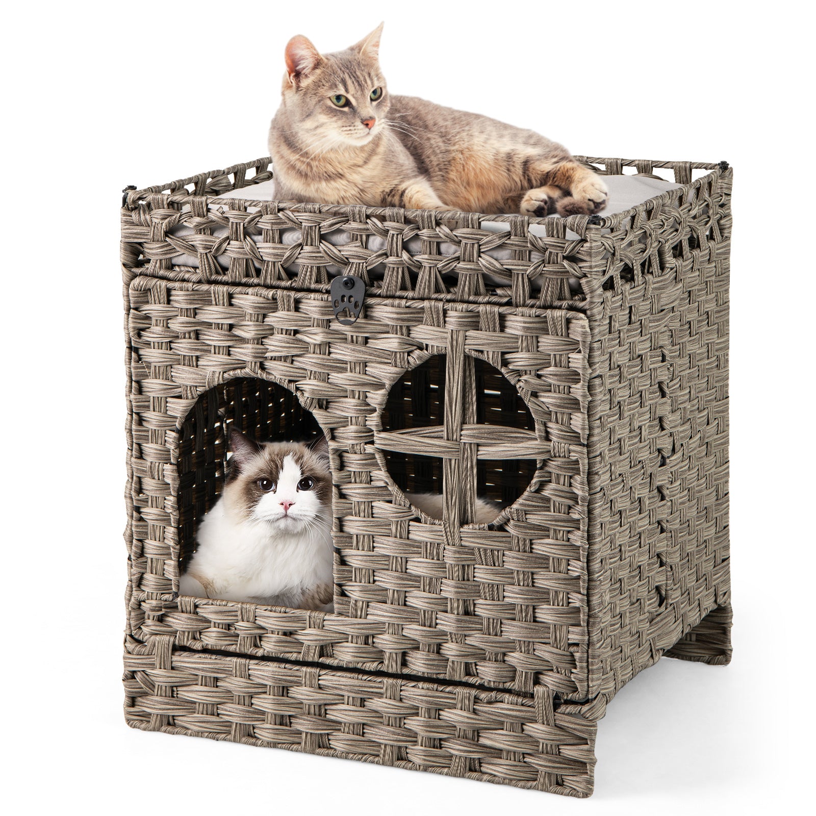 Foldable 2-tier Rattan Cat Litter Box Enclosure with Litter Mat Cat House
