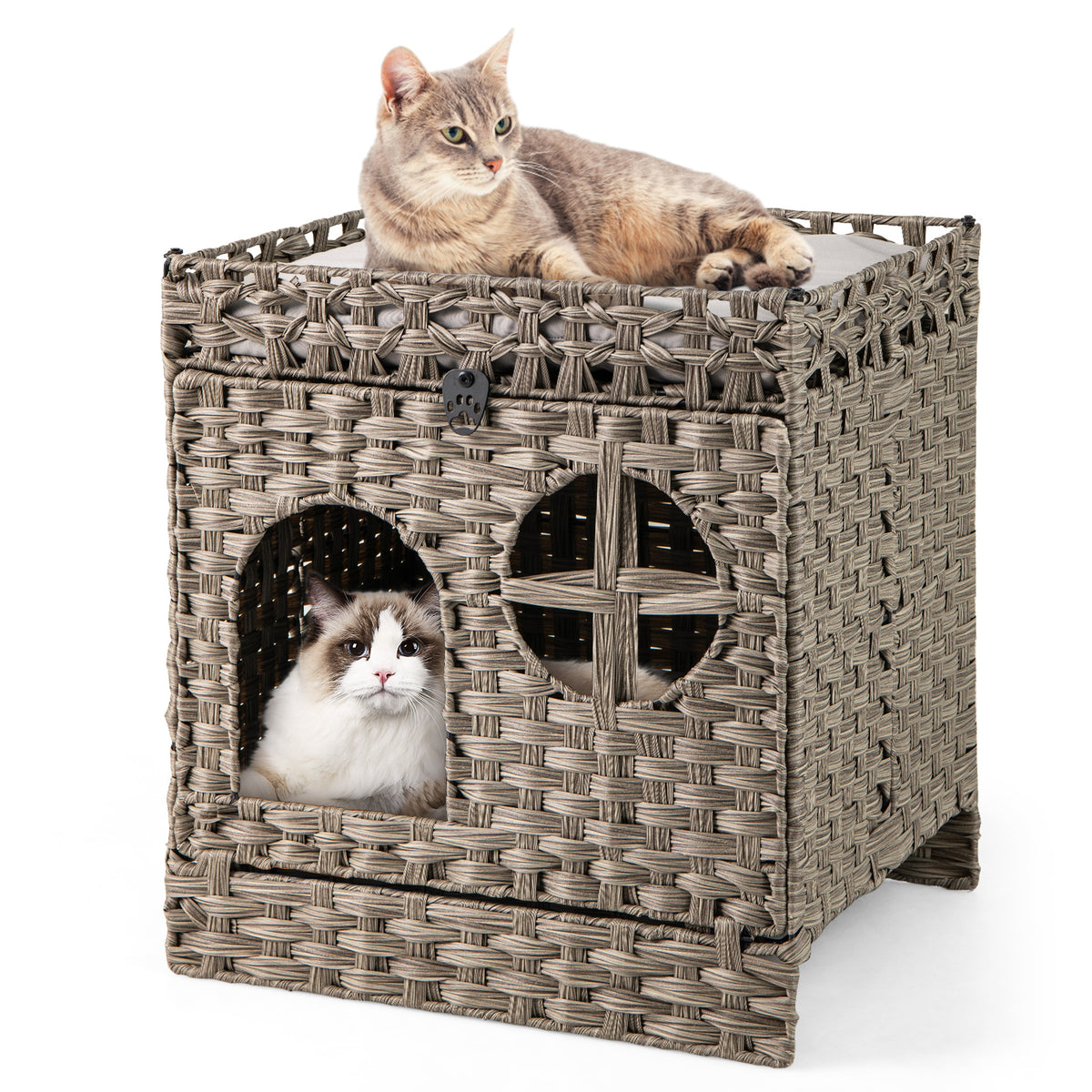 Foldable 2-tier Rattan Cat Litter Box Enclosure with Litter Mat Cat House