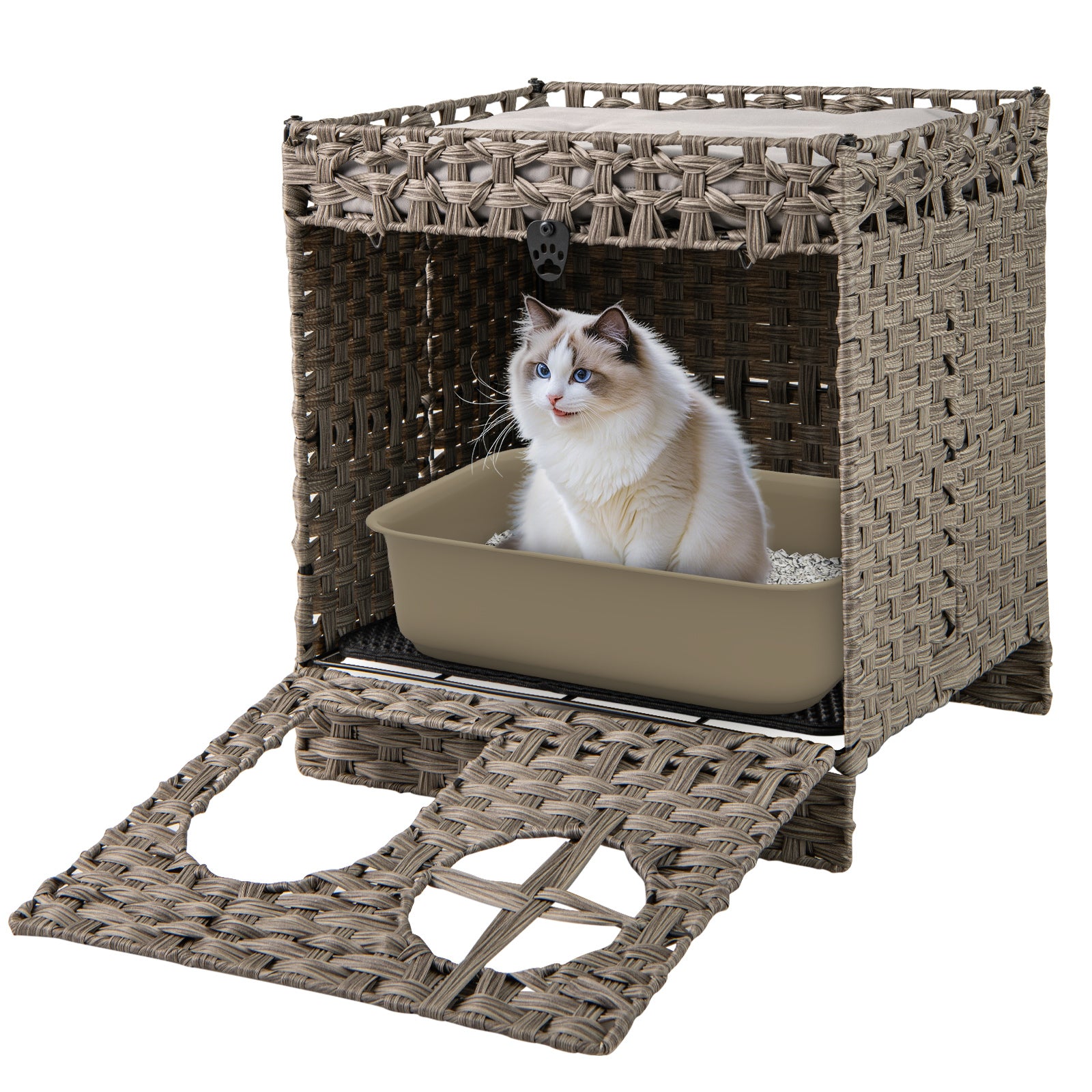 Foldable 2-tier Rattan Cat Litter Box Enclosure with Litter Mat Cat House - view 4