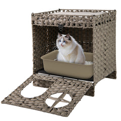 Foldable 2-tier Rattan Cat Litter Box Enclosure with Litter Mat Cat House - view 4