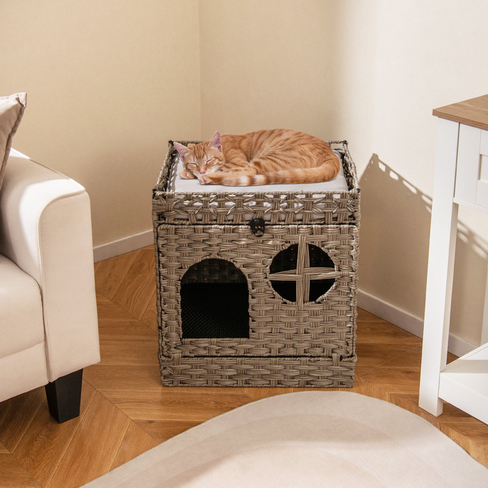 Foldable 2-tier Rattan Cat Litter Box Enclosure with Litter Mat Cat House - view 2