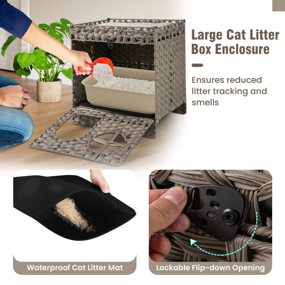 Foldable 2-tier Rattan Cat Litter Box Enclosure with Litter Mat Cat House - view 7
