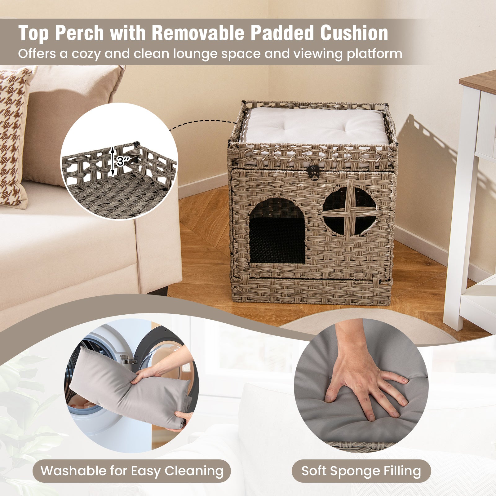 Foldable 2-tier Rattan Cat Litter Box Enclosure with Litter Mat Cat House - view 8