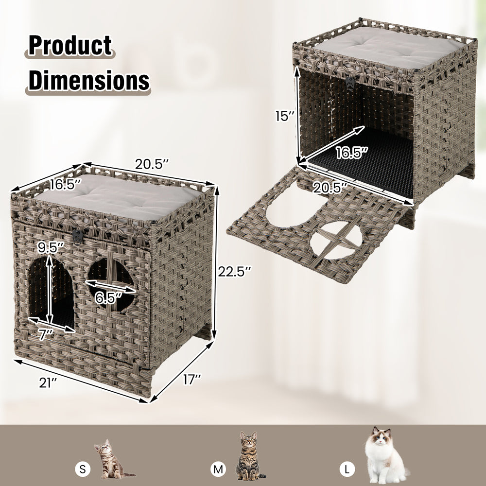 Foldable 2-tier Rattan Cat Litter Box Enclosure with Litter Mat Cat House - view 5