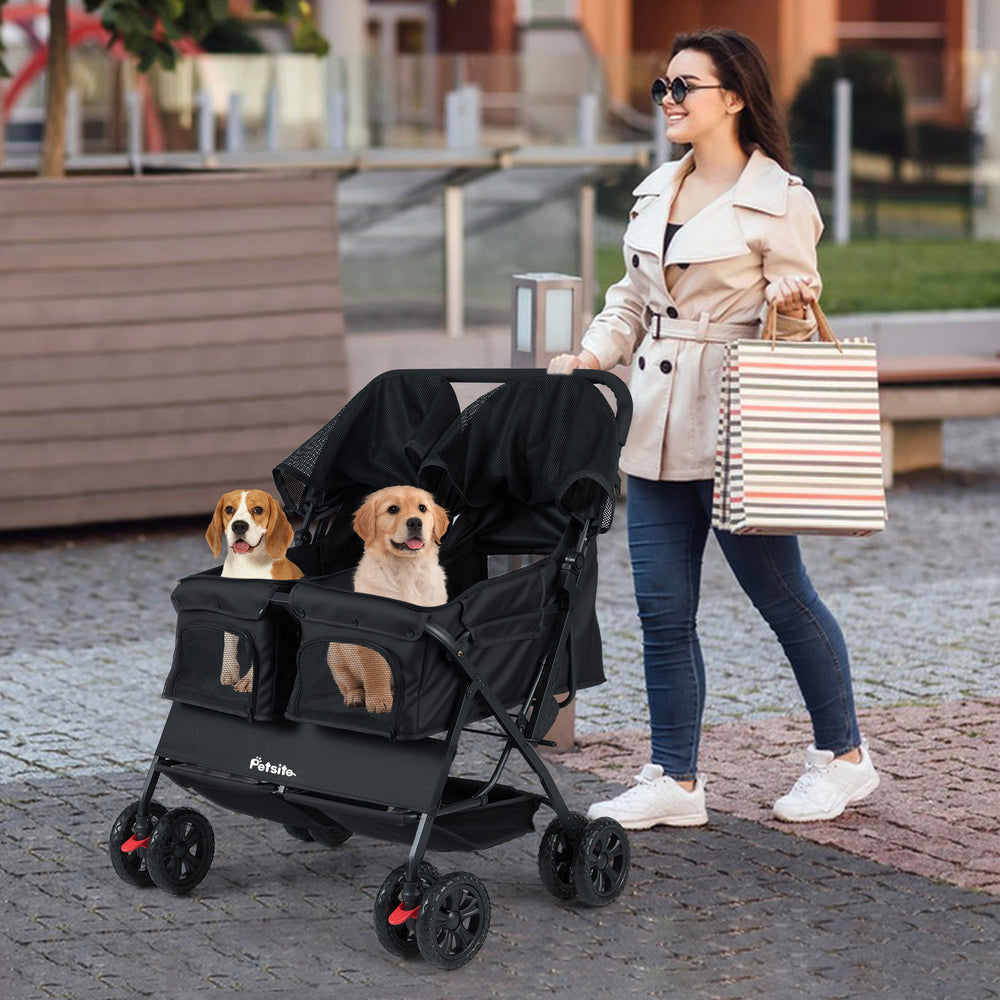 Foldable Double Pet Stroller with Adjustable Sunshade and Storage Basket - view 3
