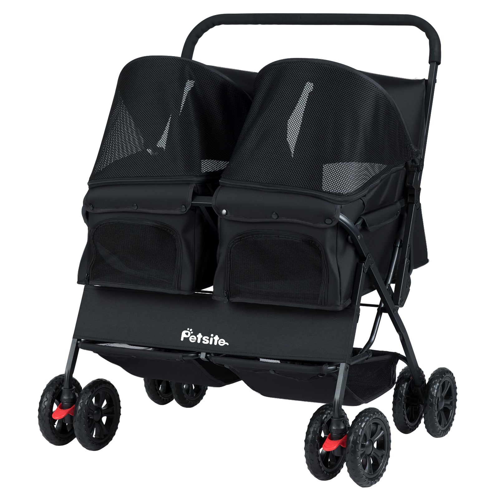 Foldable Double Pet Stroller with Adjustable Sunshade and Storage Basket