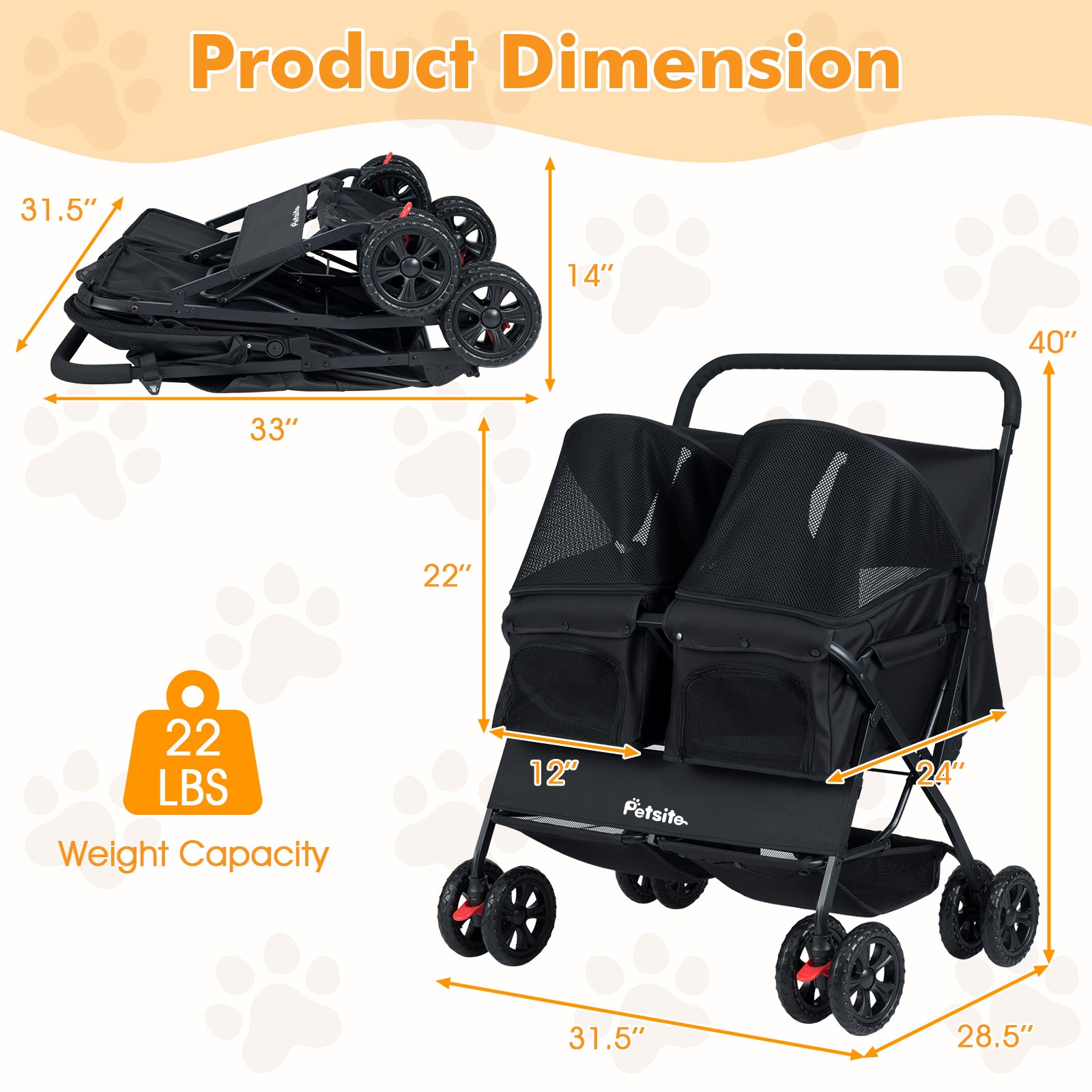 Foldable Double Pet Stroller with Adjustable Sunshade and Storage Basket - view 5