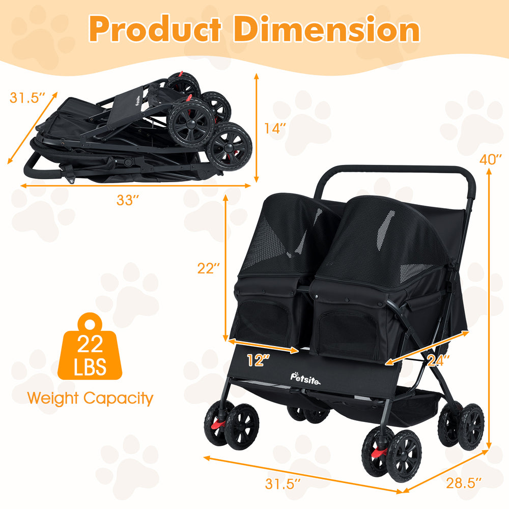 Foldable Double Pet Stroller with Adjustable Sunshade and Storage Basket - view 5
