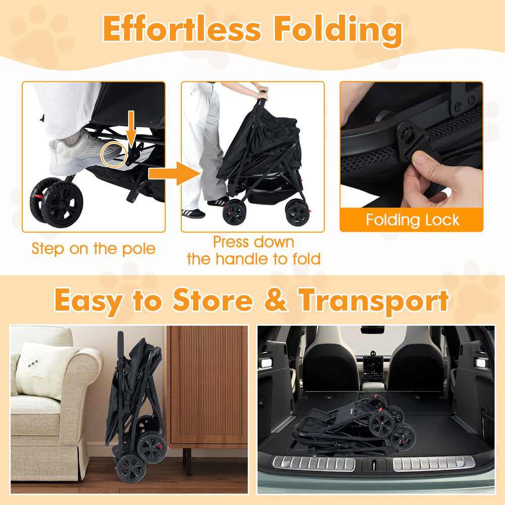 Foldable Double Pet Stroller with Adjustable Sunshade and Storage Basket - view 6